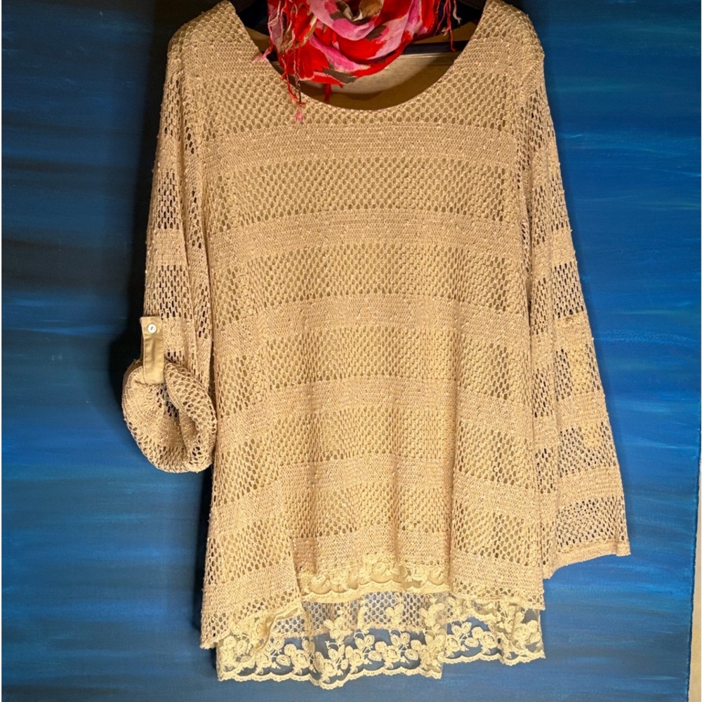 Indigo Soul Beige Crochet & Lace Tunic Lightweight Sweater Shirt Blouse Size 2XL